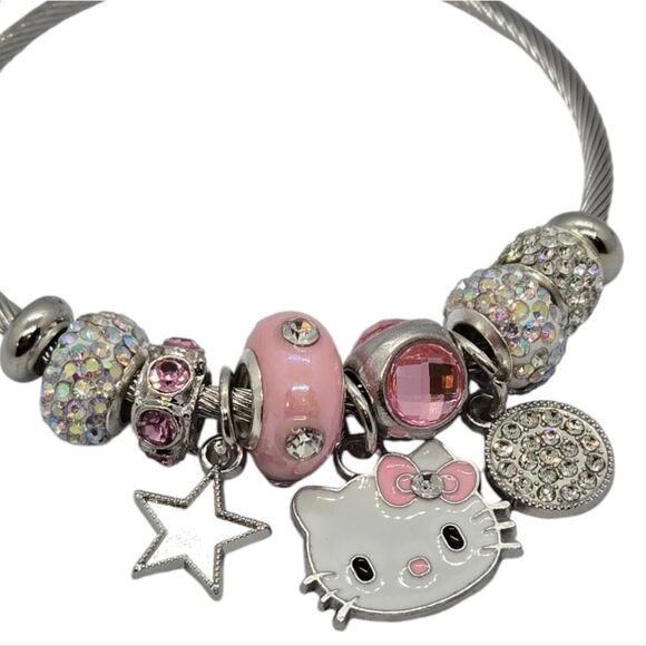 Hello Kitty Beaded Charm Bracelet Pink Rhinestone Silver Heart Bow Cat Jewelry - Picture 2 of 7